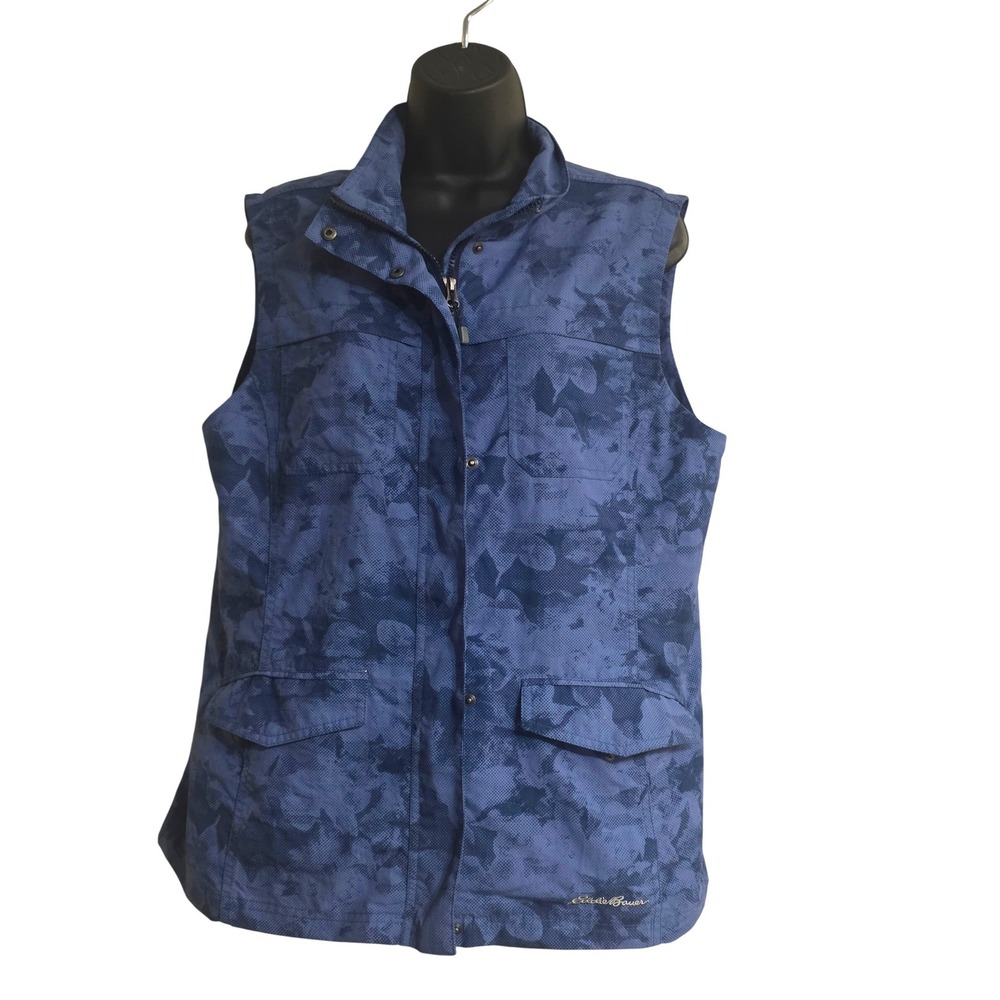 Eddie Bauer Womens Blue Camo Utility Vest Large Full Zip Pockets Vented Back